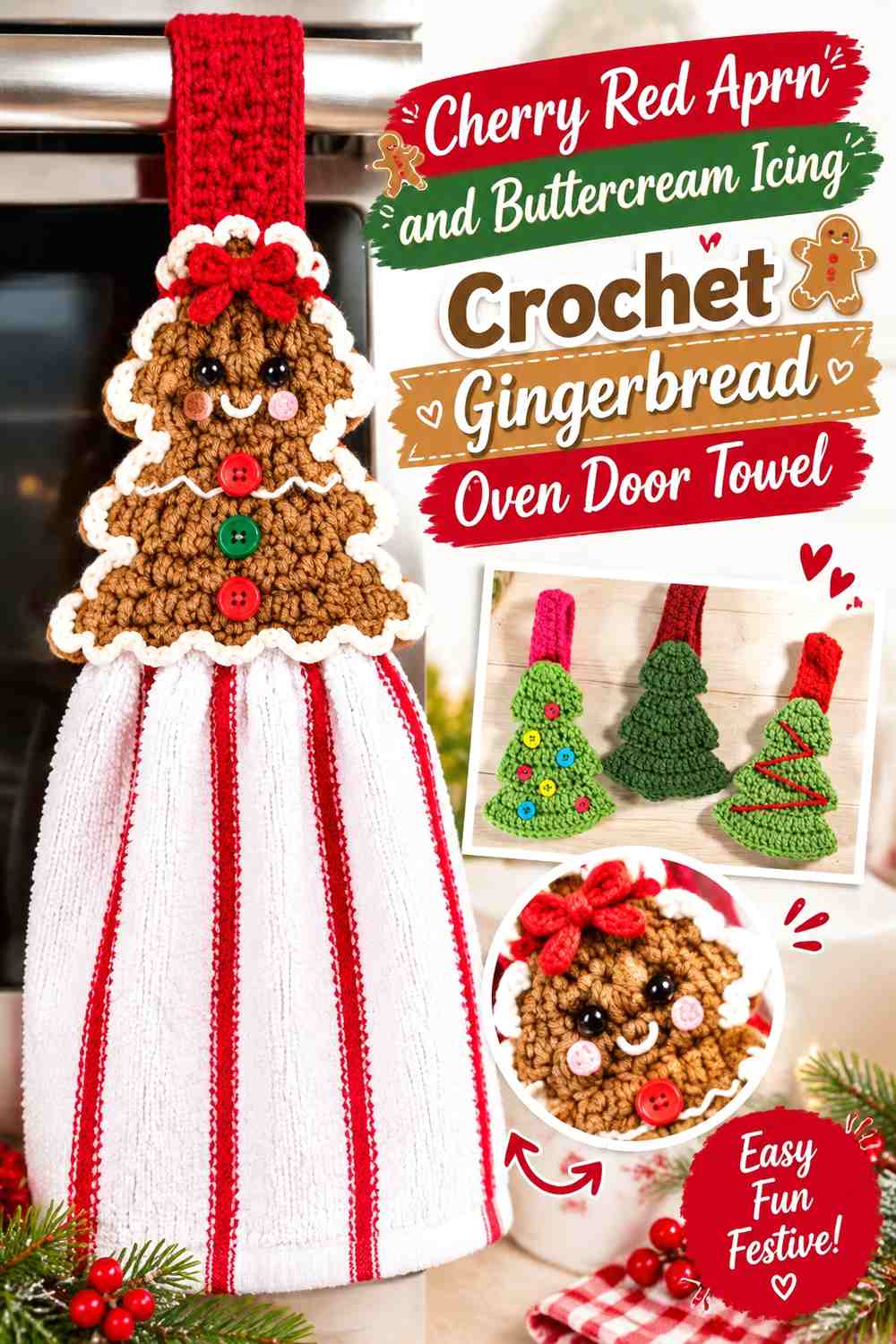 Cherry Red Apron and Buttercream Icing Crochet Gingerbread Oven Door Towel