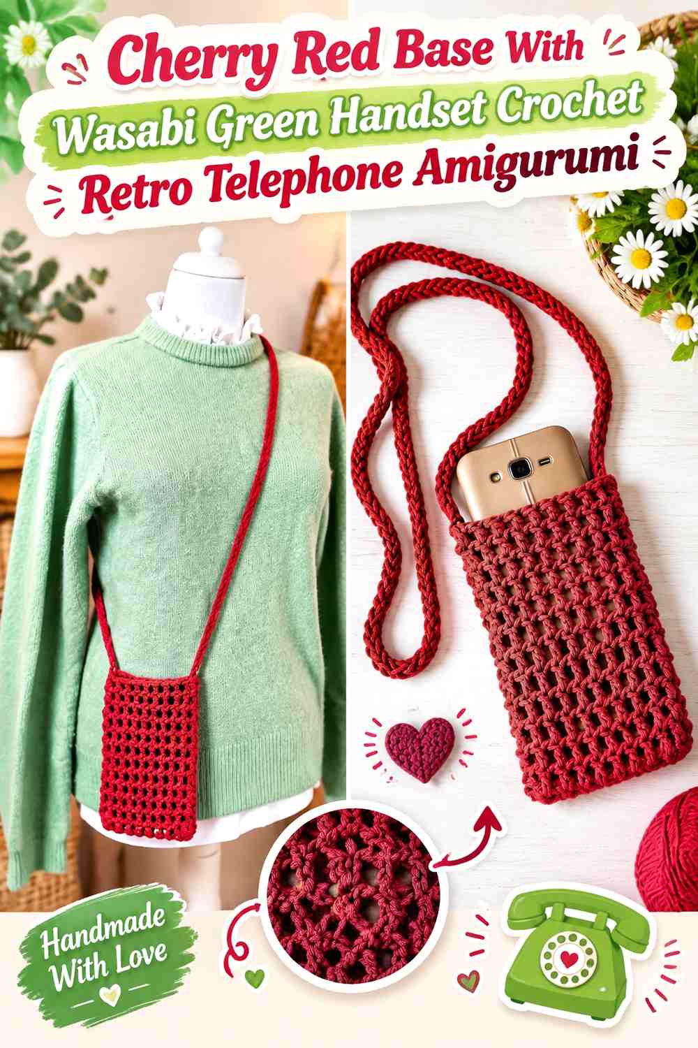 Cherry Red Base With Wasabi Green Handset Crochet Retro Telephone Amigurumi