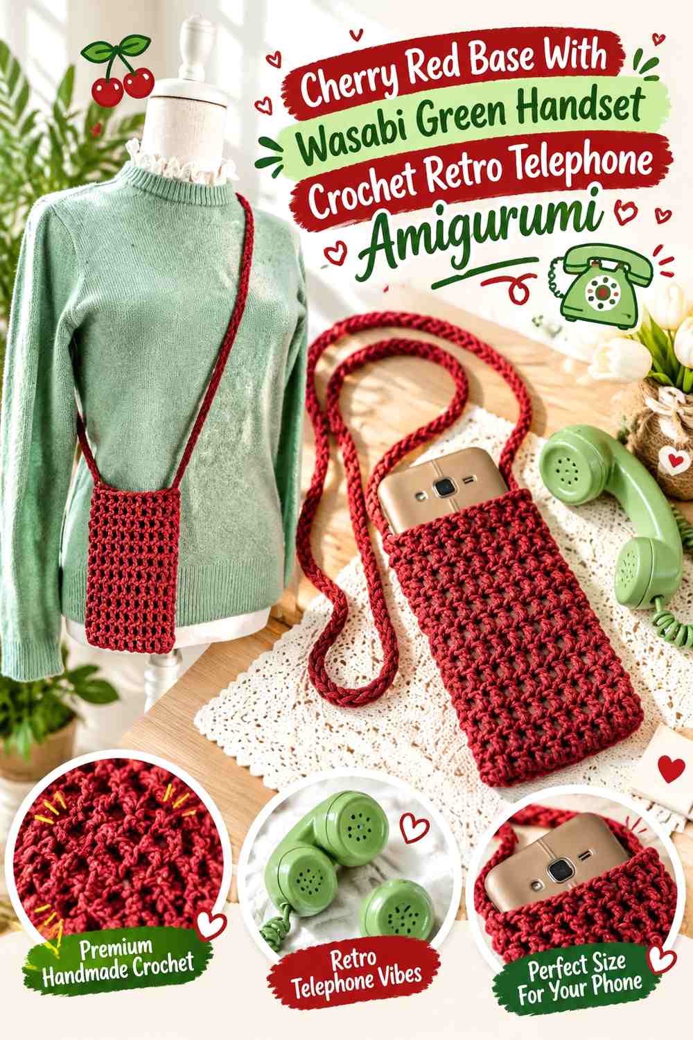 Cherry Red Base With Wasabi Green Handset Crochet Retro Telephone Amigurumi