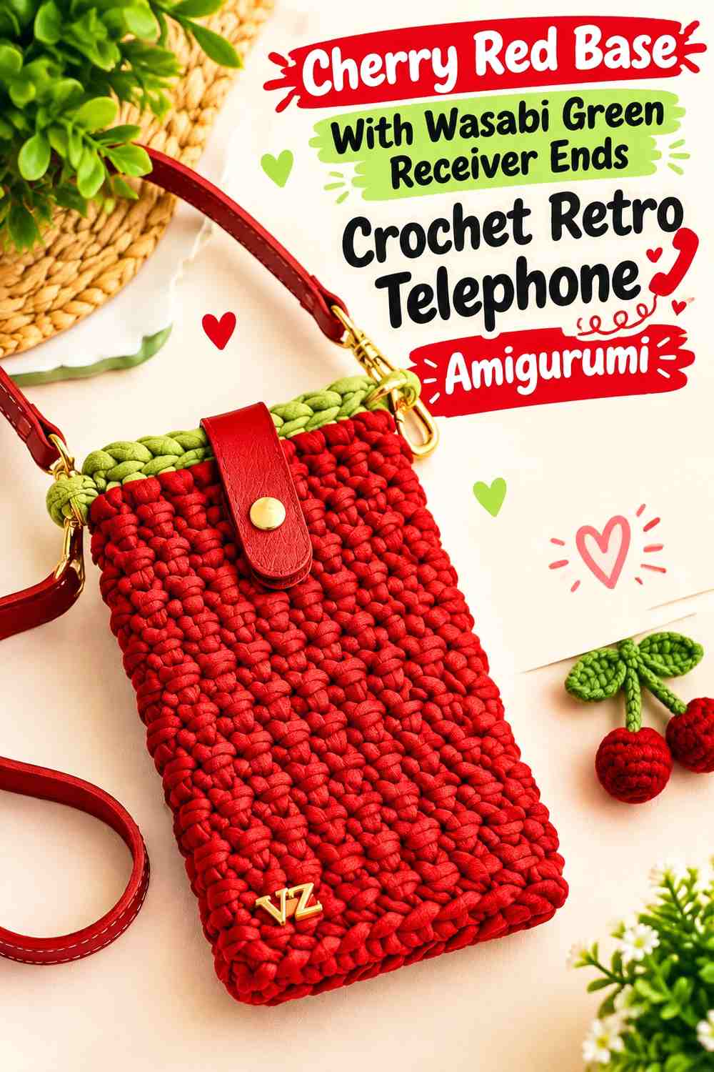 Cherry Red Base With Wasabi Green Receiver Ends Crochet Retro Telephone Amigurumi