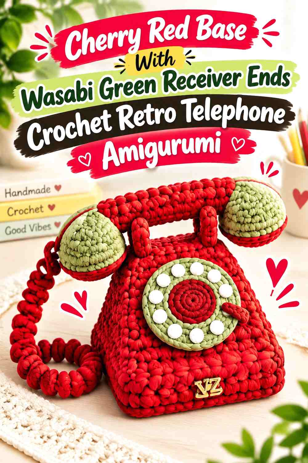 Cherry Red Base With Wasabi Green Receiver Ends Crochet Retro Telephone Amigurumi