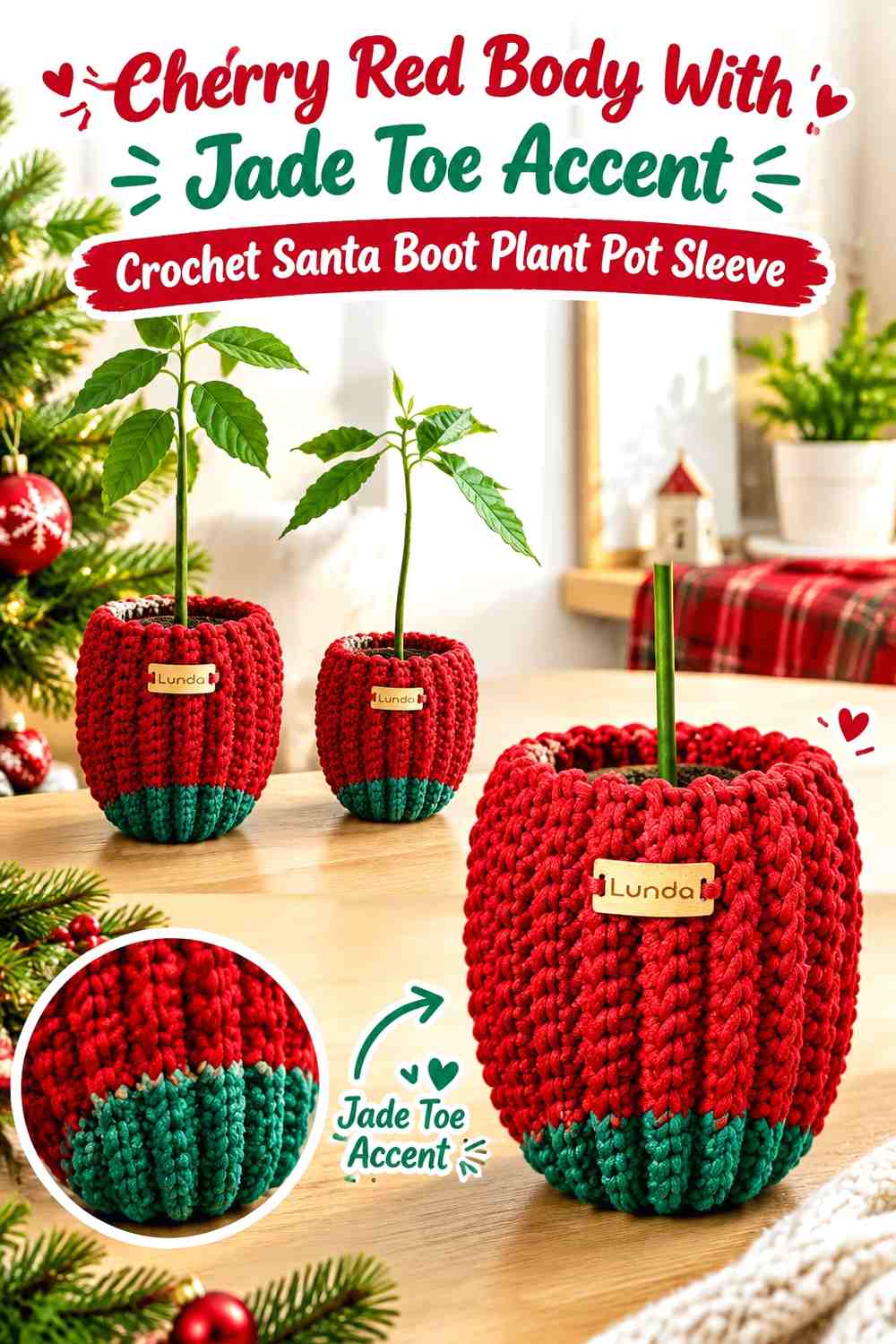 Cherry Red Body With Jade Toe Accent Crochet Santa Boot Plant Pot Sleeve