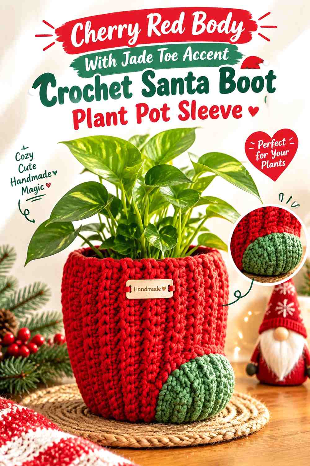 Cherry Red Body With Jade Toe Accent Crochet Santa Boot Plant Pot Sleeve
