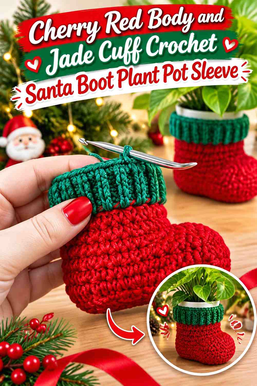 Cherry Red Body and Jade Cuff Crochet Santa Boot Plant Pot Sleeve