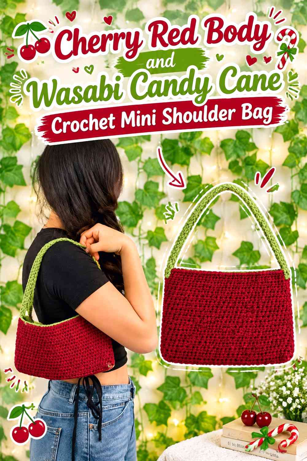 Cherry Red Body and Wasabi Candy Cane Crochet Mini Shoulder Bag