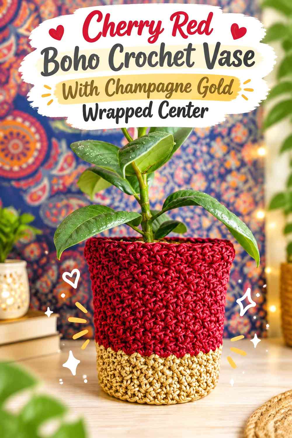 Cherry Red Boho Crochet Vase With Champagne Gold Wrapped Center