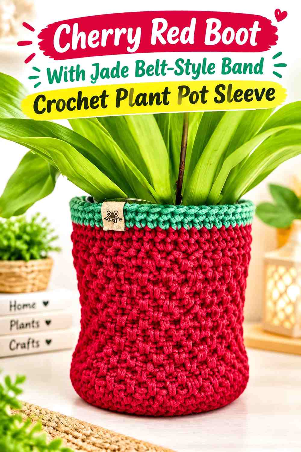 Cherry Red Boot With Jade Belt-Style Band Crochet Plant Pot Sleeve