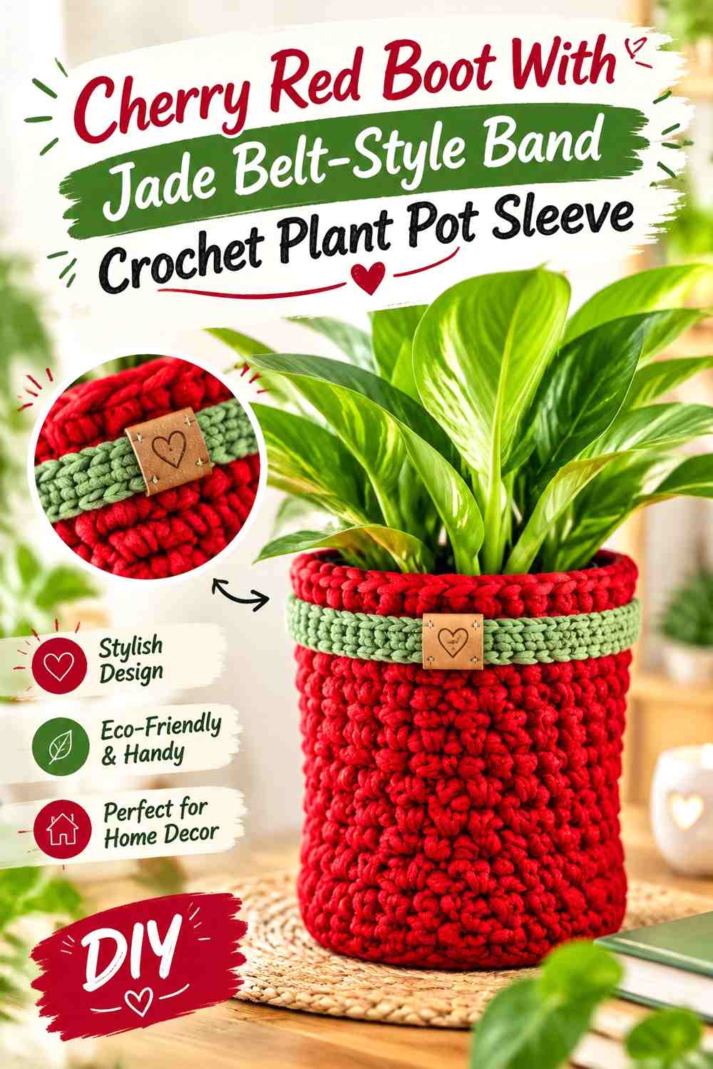Cherry Red Boot With Jade Belt-Style Band Crochet Plant Pot Sleeve