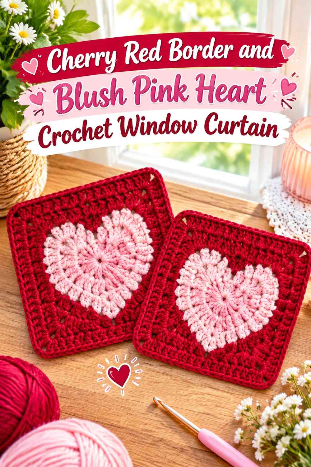 Cherry Red Border and Blush Pink Heart Crochet Window Curtain