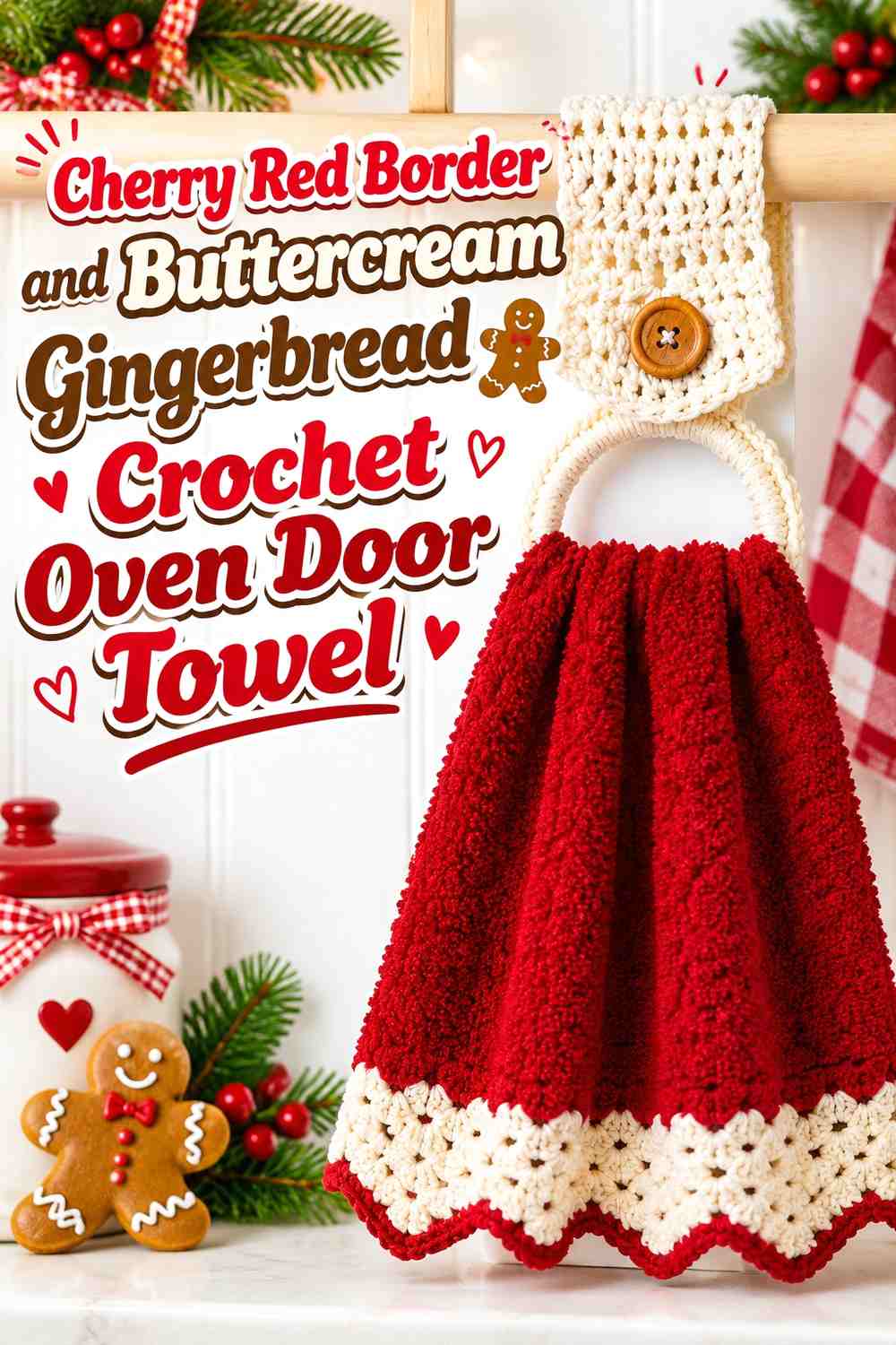 Cherry Red Border and Buttercream Gingerbread Crochet Oven Door Towel