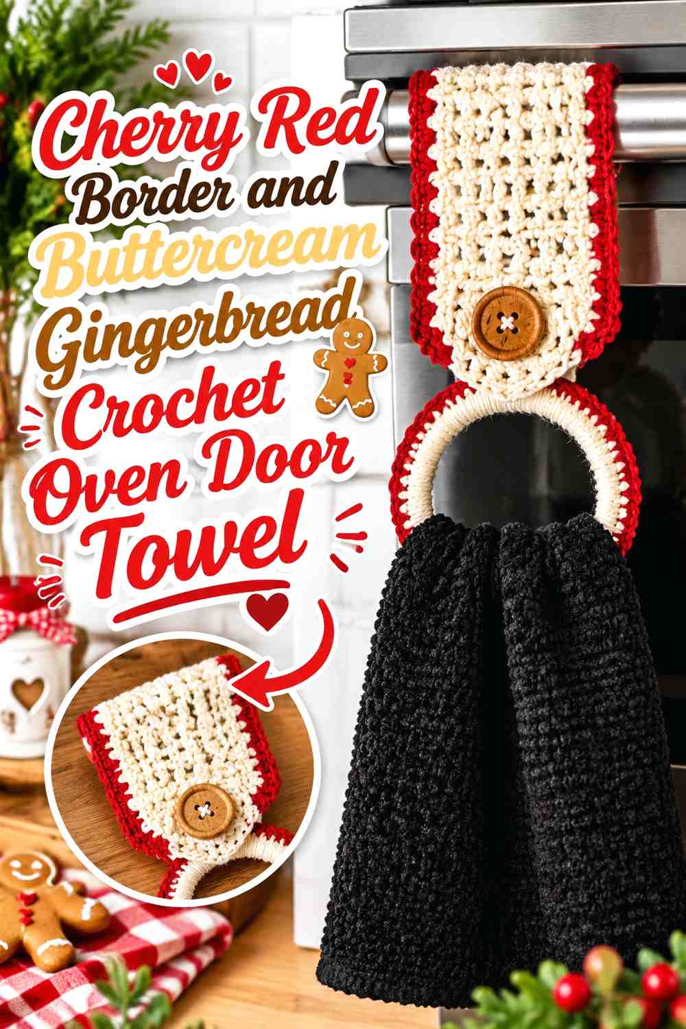 Cherry Red Border and Buttercream Gingerbread Crochet Oven Door Towel
