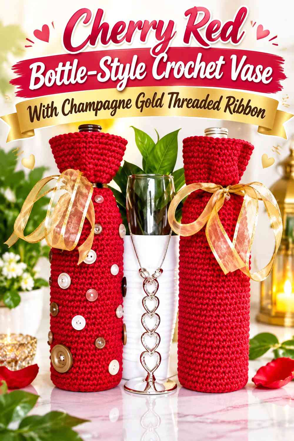 Cherry Red Bottle-Style Crochet Vase With Champagne Gold Threaded Ribbon