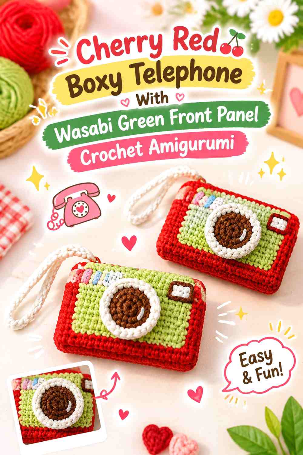 Cherry Red Boxy Telephone With Wasabi Green Front Panel Crochet Amigurumi