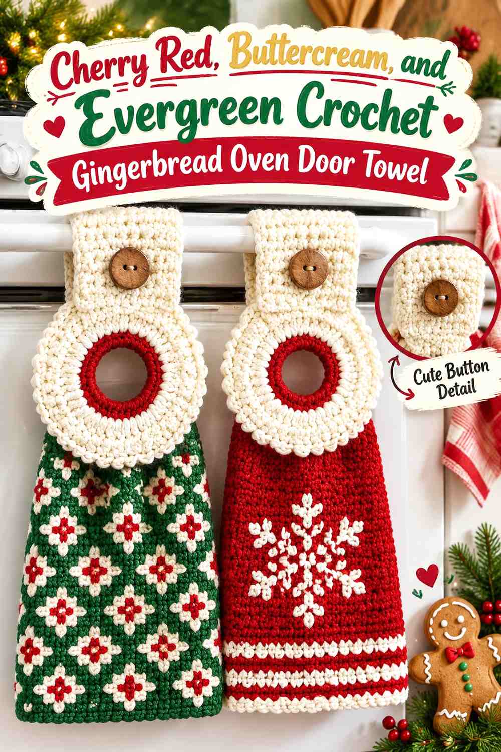 Cherry Red, Buttercream, and Evergreen Crochet Gingerbread Oven Door Towel
