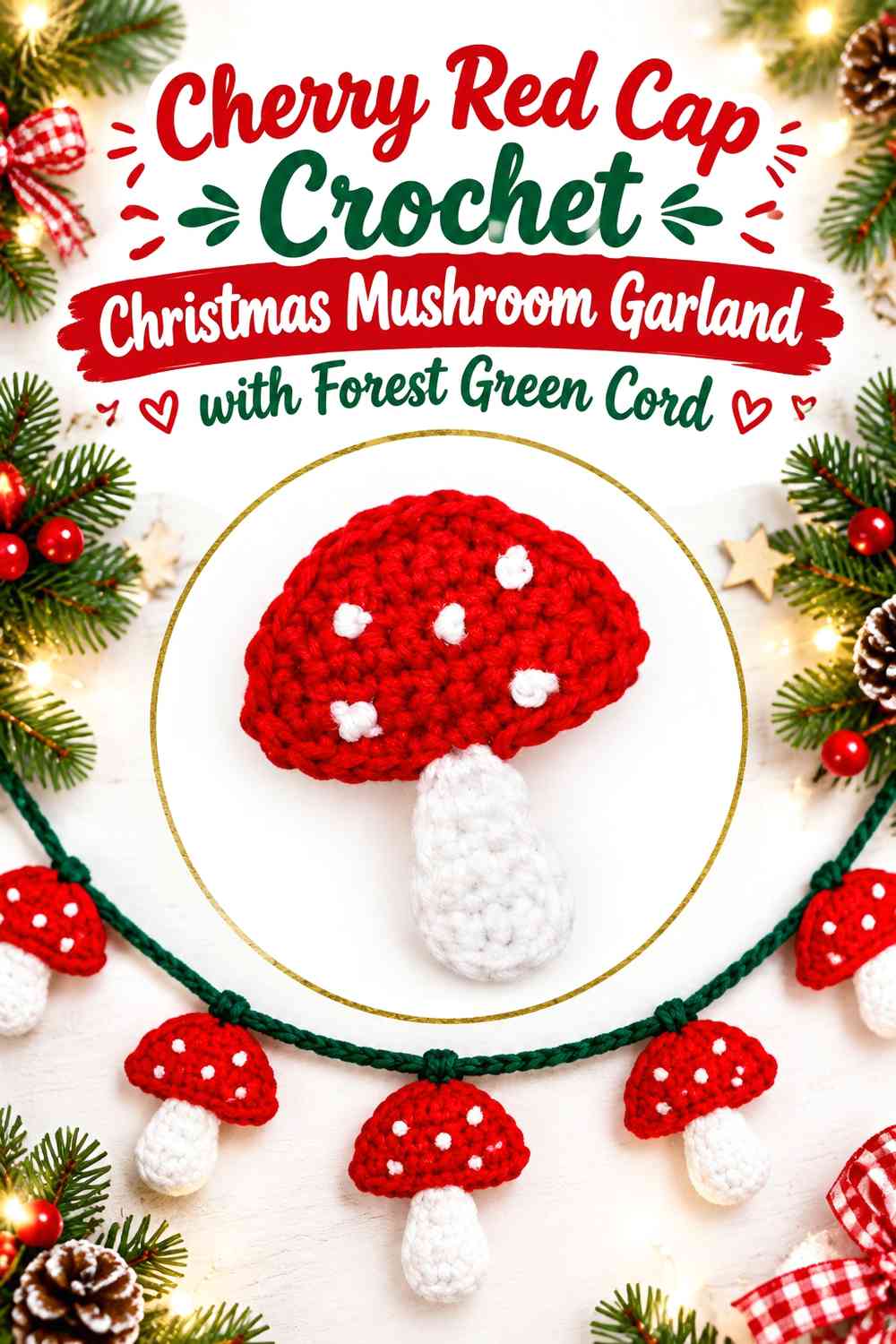Cherry Red Cap Crochet Christmas Mushroom Garland with Forest Green Cord