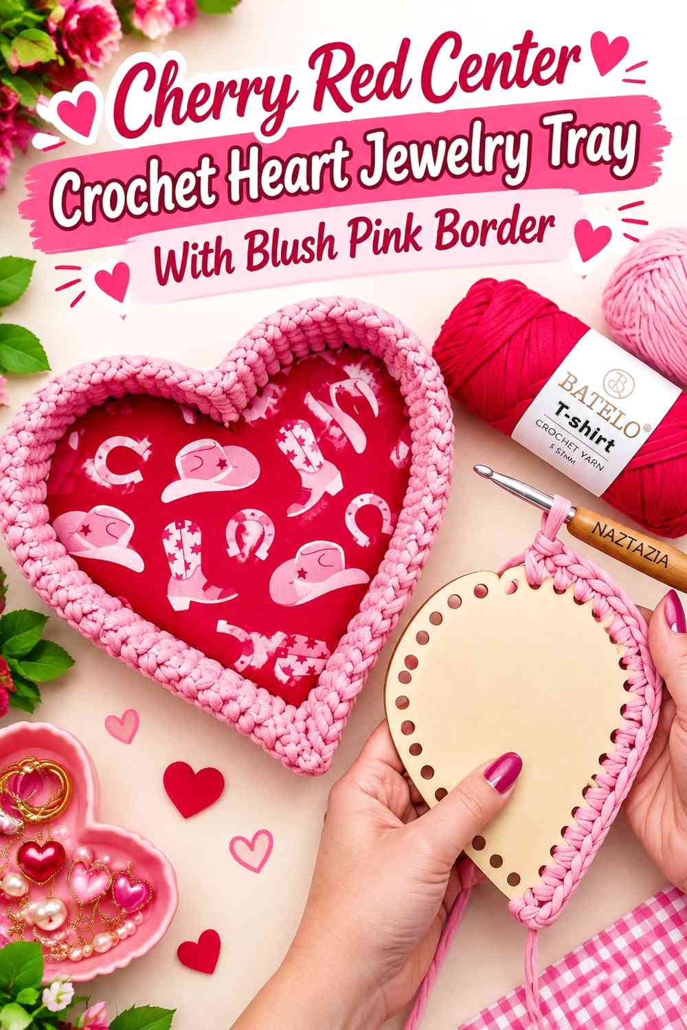 Cherry Red Center Crochet Heart Jewelry Tray With Blush Pink Border