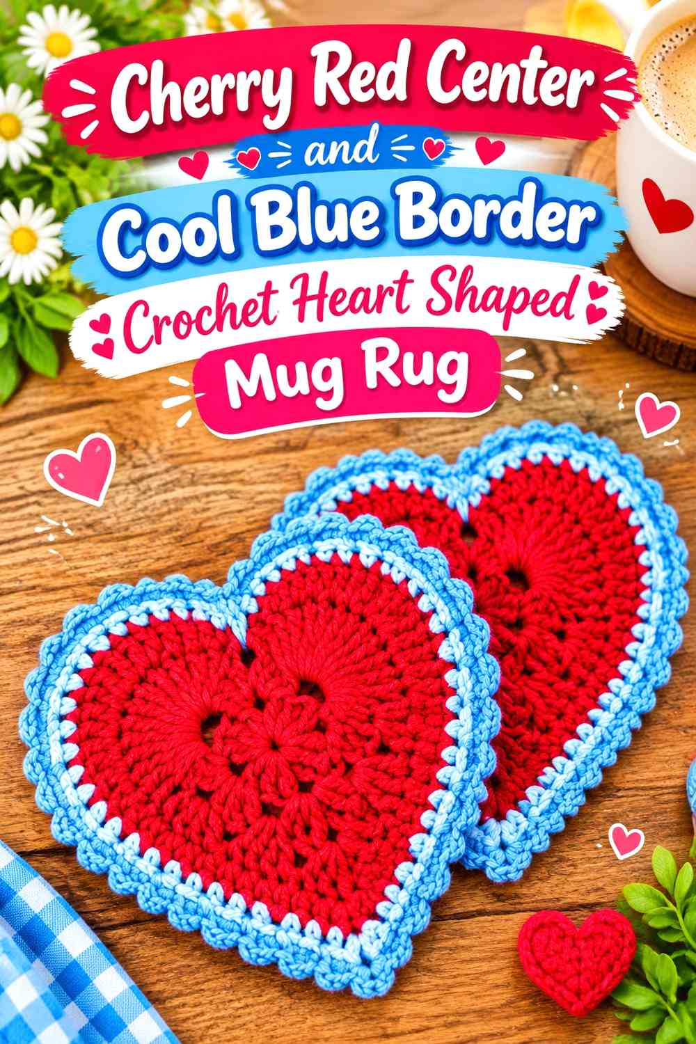 Cherry Red Center and Cool Blue Border Crochet Heart Shaped Mug Rug