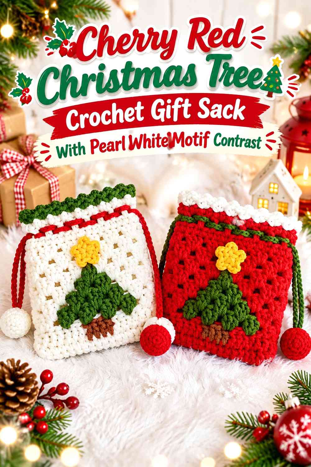 Cherry Red Christmas Tree Crochet Gift Sack With Pearl White Motif Contrast
