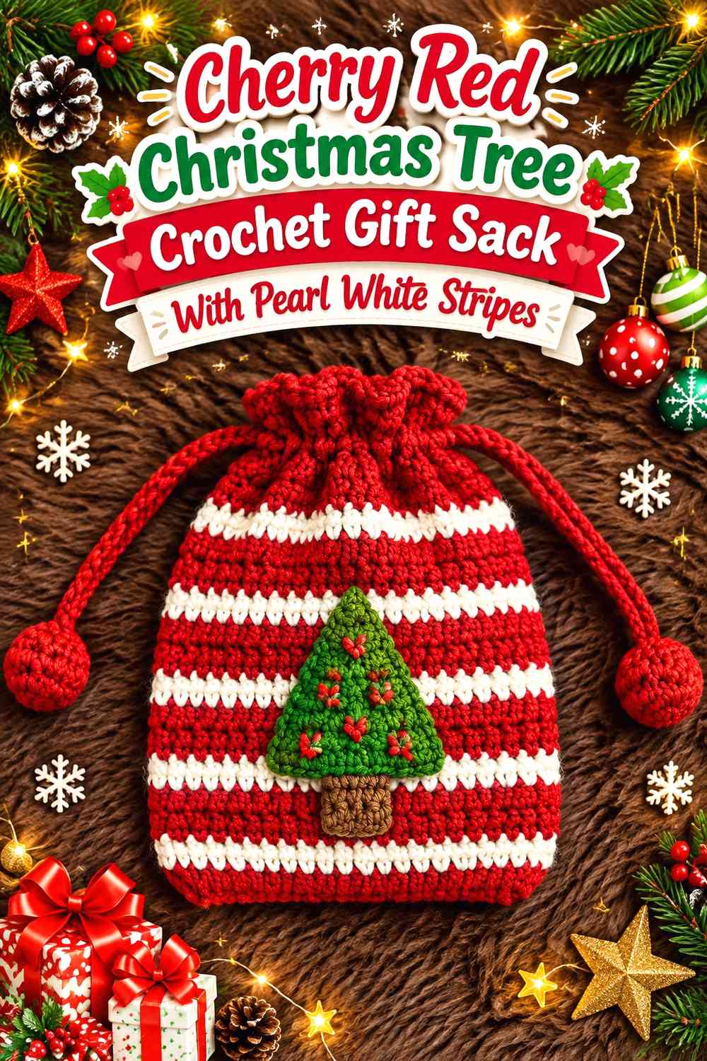 Cherry Red Christmas Tree Crochet Gift Sack With Pearl White Stripes