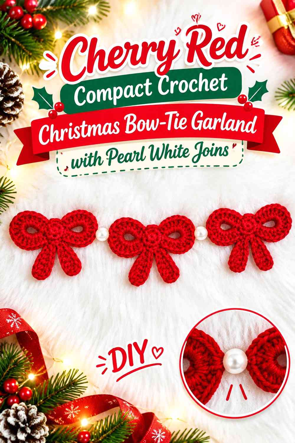 Cherry Red Compact Crochet Christmas Bow-Tie Garland with Pearl White Joins