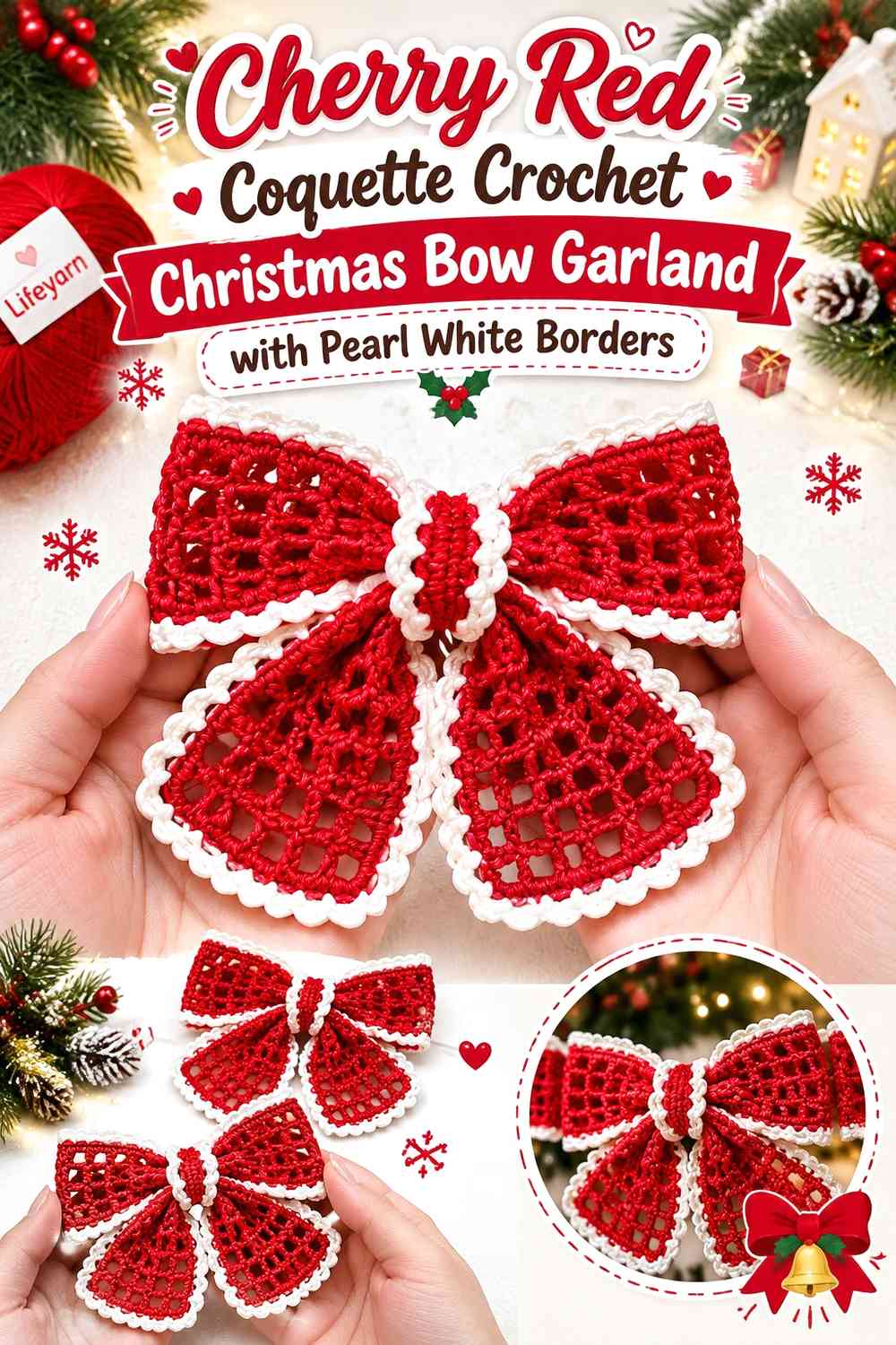 Cherry Red Coquette Crochet Christmas Bow Garland with Pearl White Borders