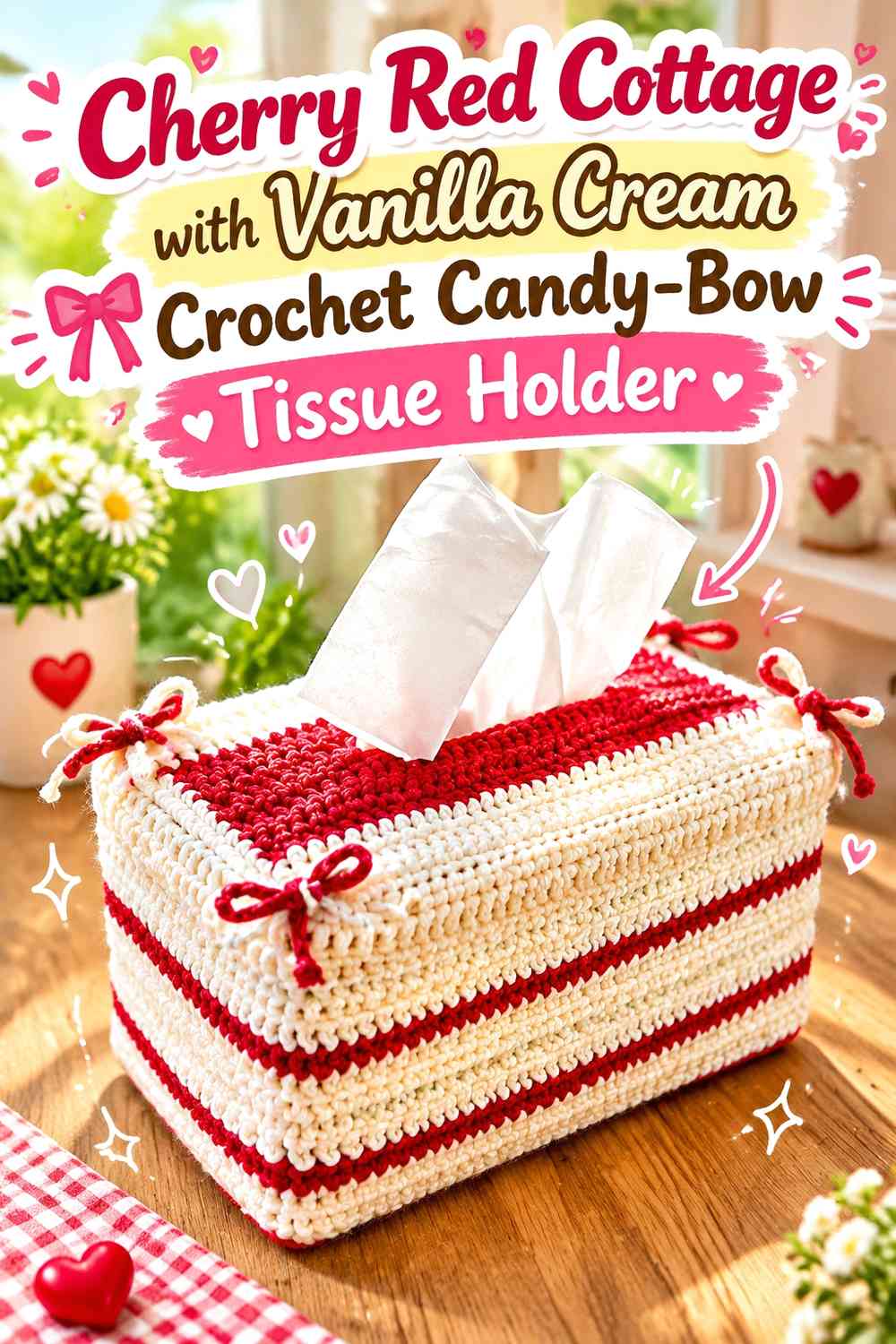 Cherry Red Cottage with Vanilla Cream Crochet Candy-Bow Tissue Holder