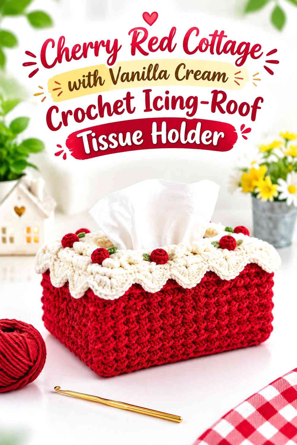 Cherry Red Cottage with Vanilla Cream Crochet Icing-Roof Tissue Holder