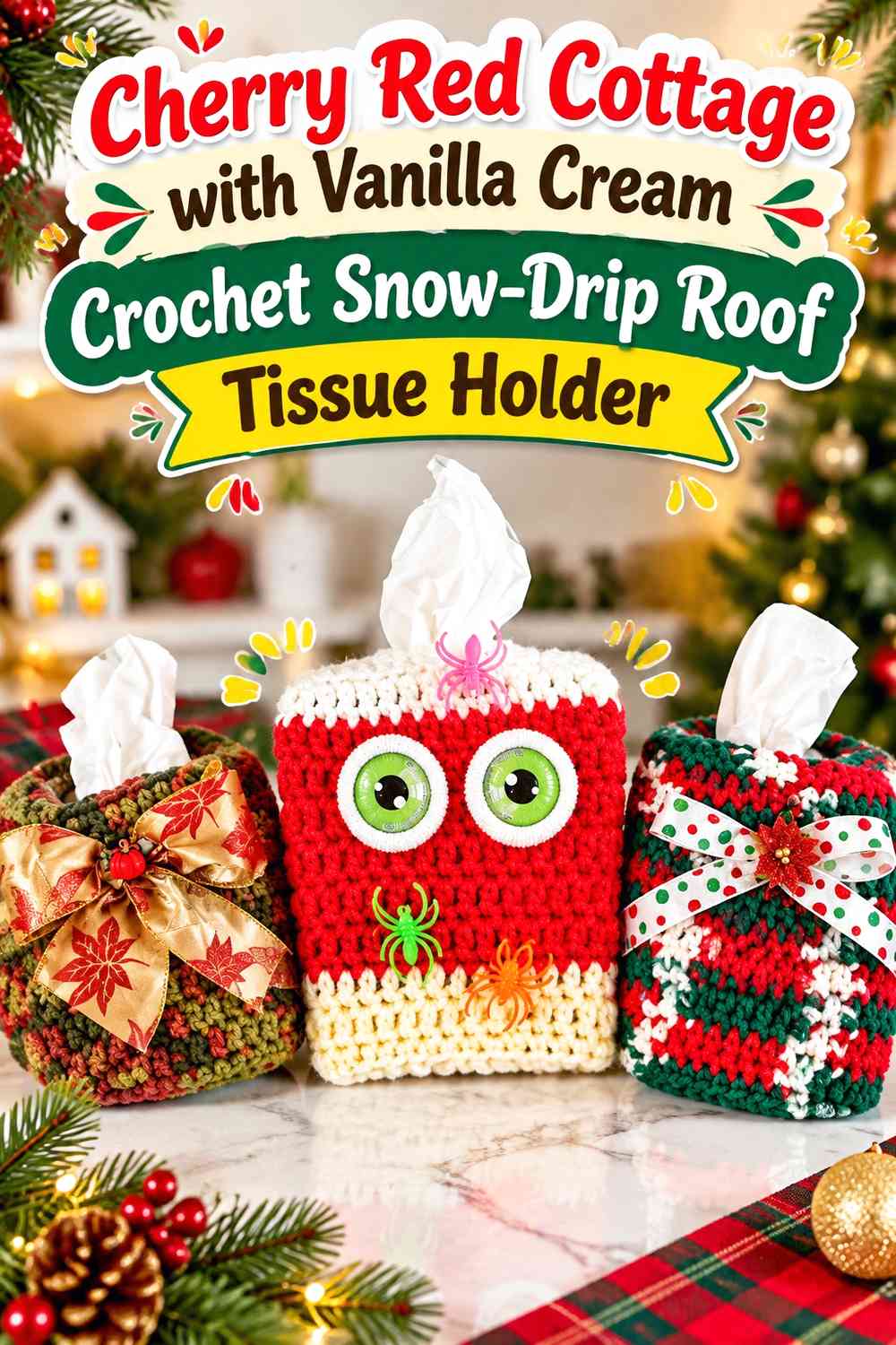 Cherry Red Cottage with Vanilla Cream Crochet Snow-Drip Roof Tissue Holder