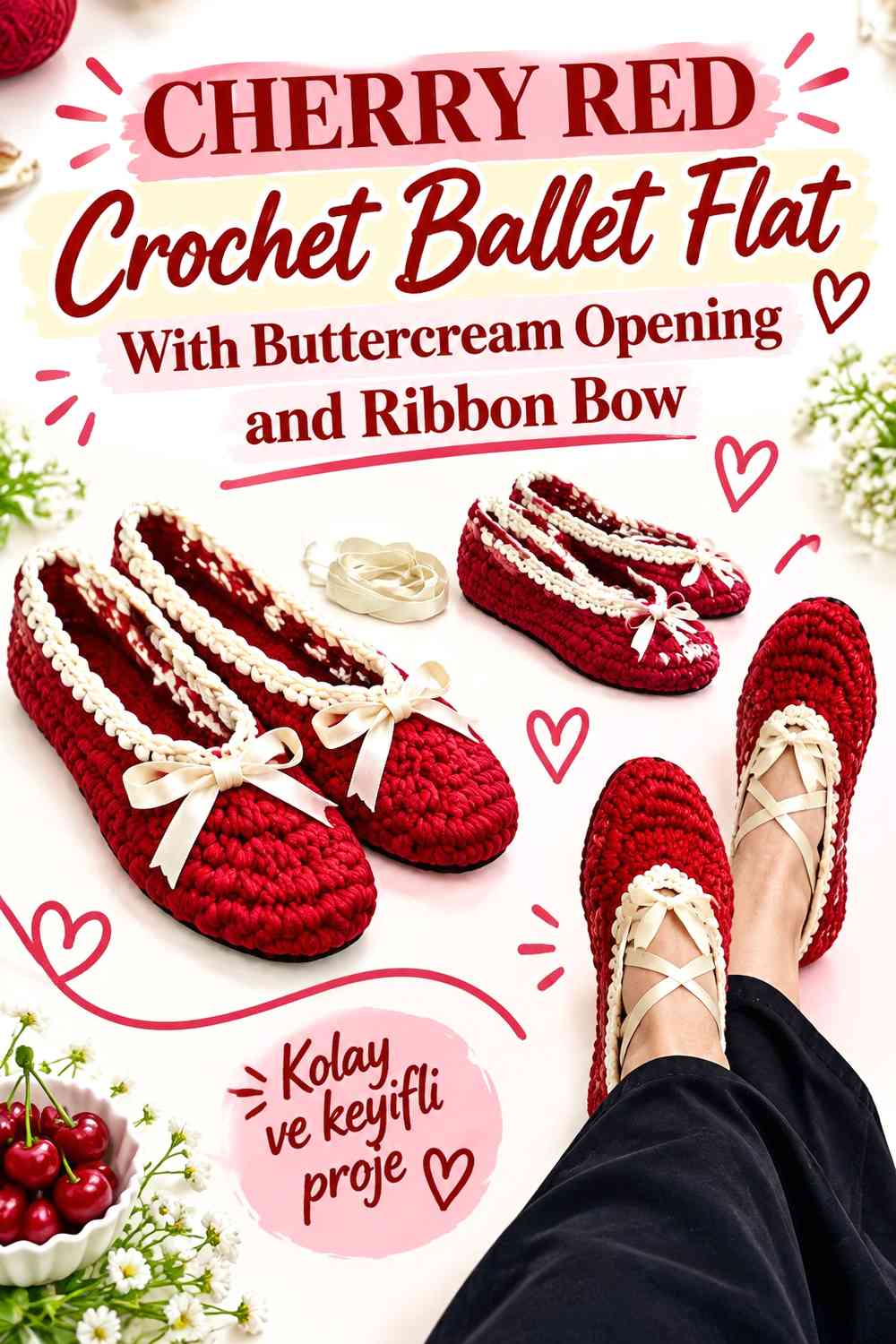 Cherry Red Crochet Ballet Flat With Buttercream Opening and Ribbon Bow