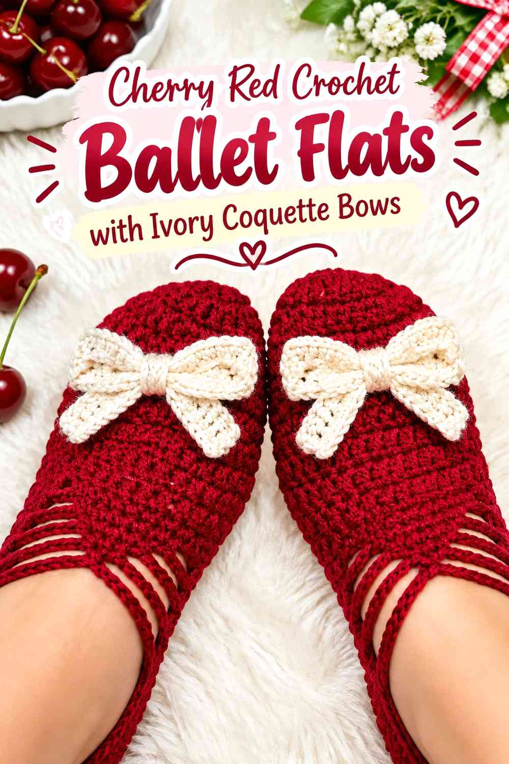 Cherry Red Crochet Ballet Flats with Ivory Coquette Bows