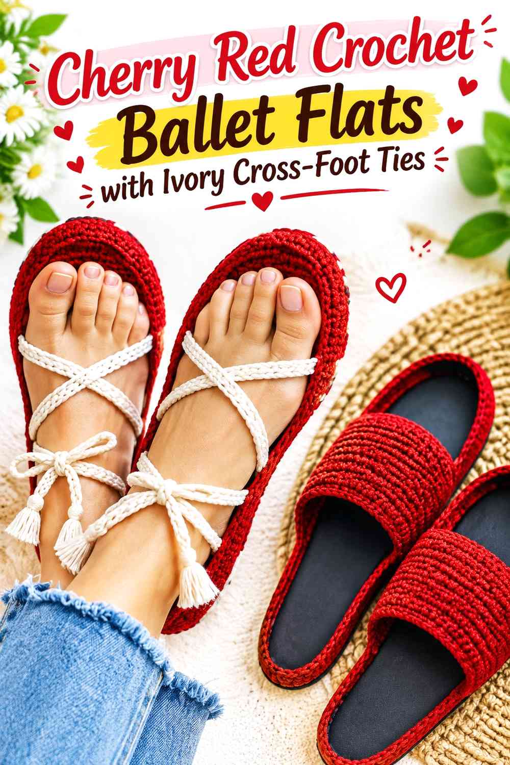 Cherry Red Crochet Ballet Flats with Ivory Cross-Foot Ties