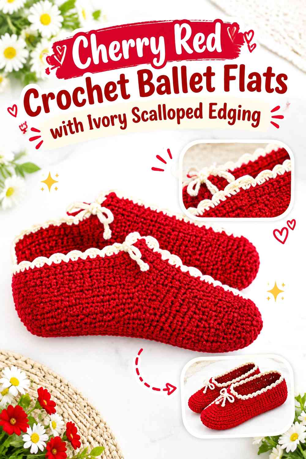 Cherry Red Crochet Ballet Flats with Ivory Scalloped Edging