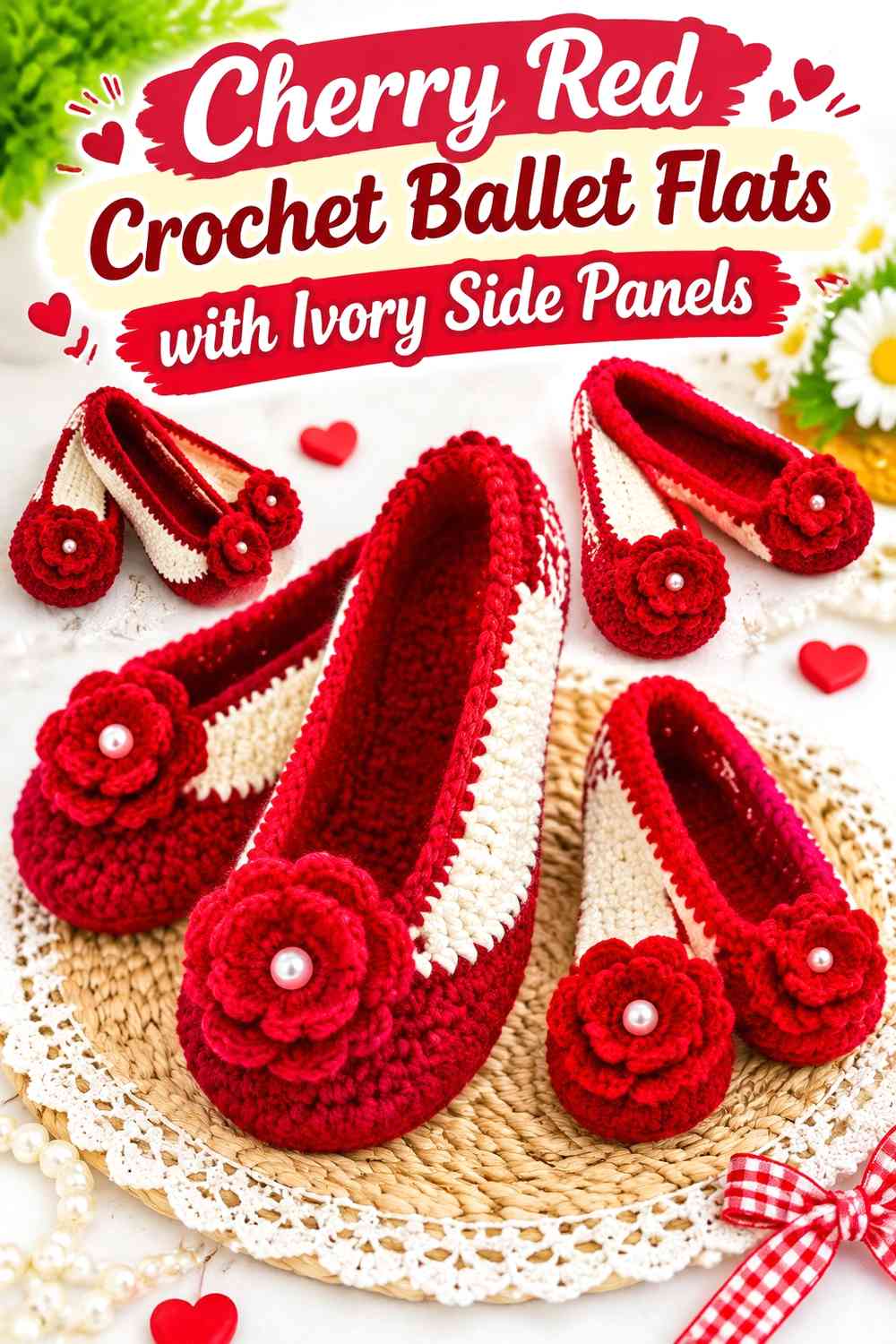 Cherry Red Crochet Ballet Flats with Ivory Side Panels