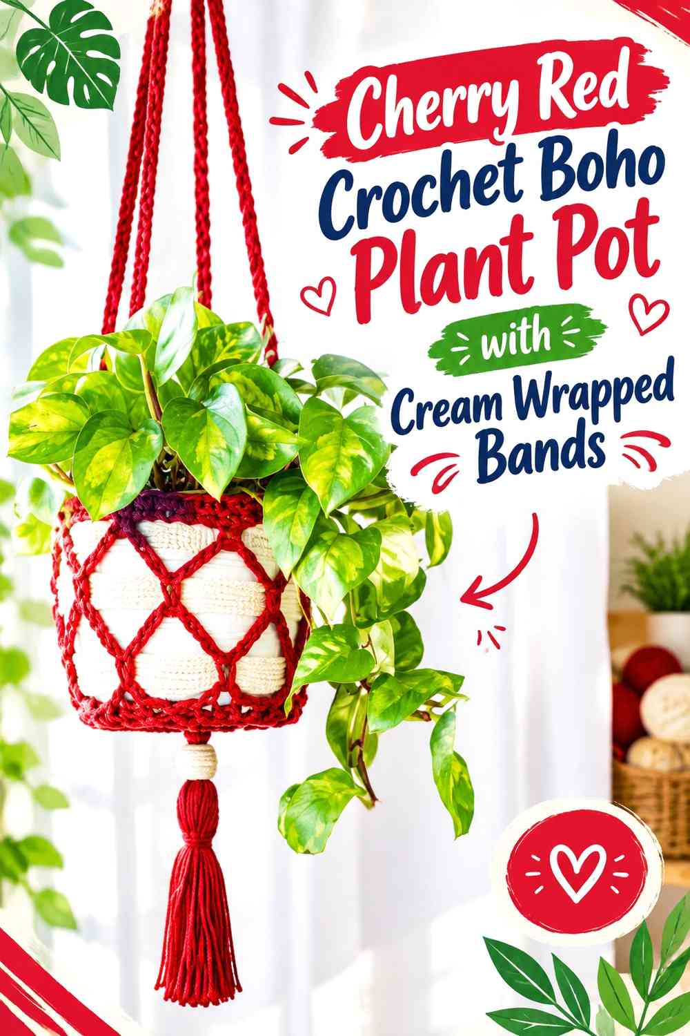 Cherry Red Crochet Boho Plant Pot with Cream Wrapped Bands