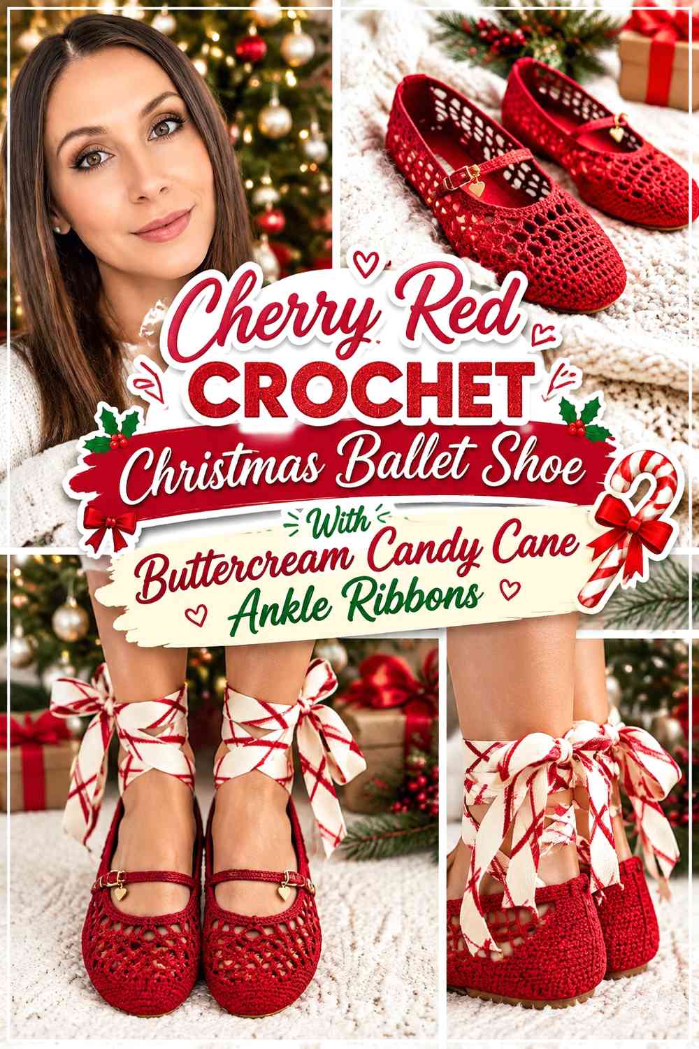 Cherry Red Crochet Christmas Ballet Shoe With Buttercream Candy Cane Ankle Ribbons