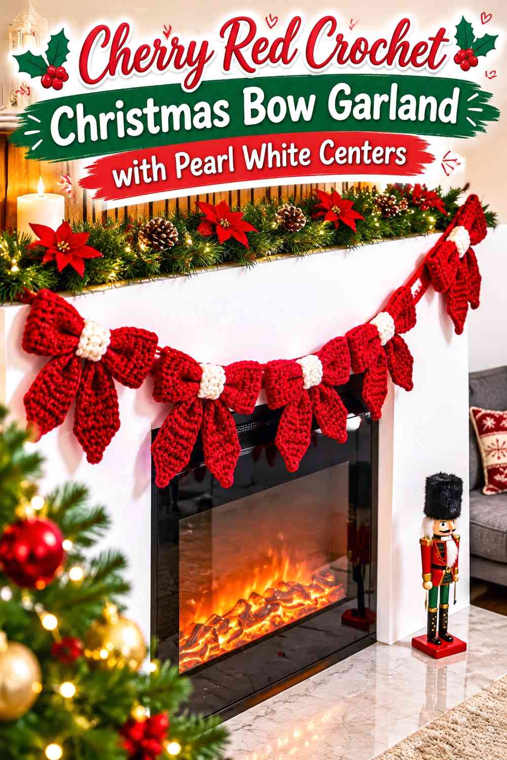 Cherry Red Crochet Christmas Bow Garland with Pearl White Centers