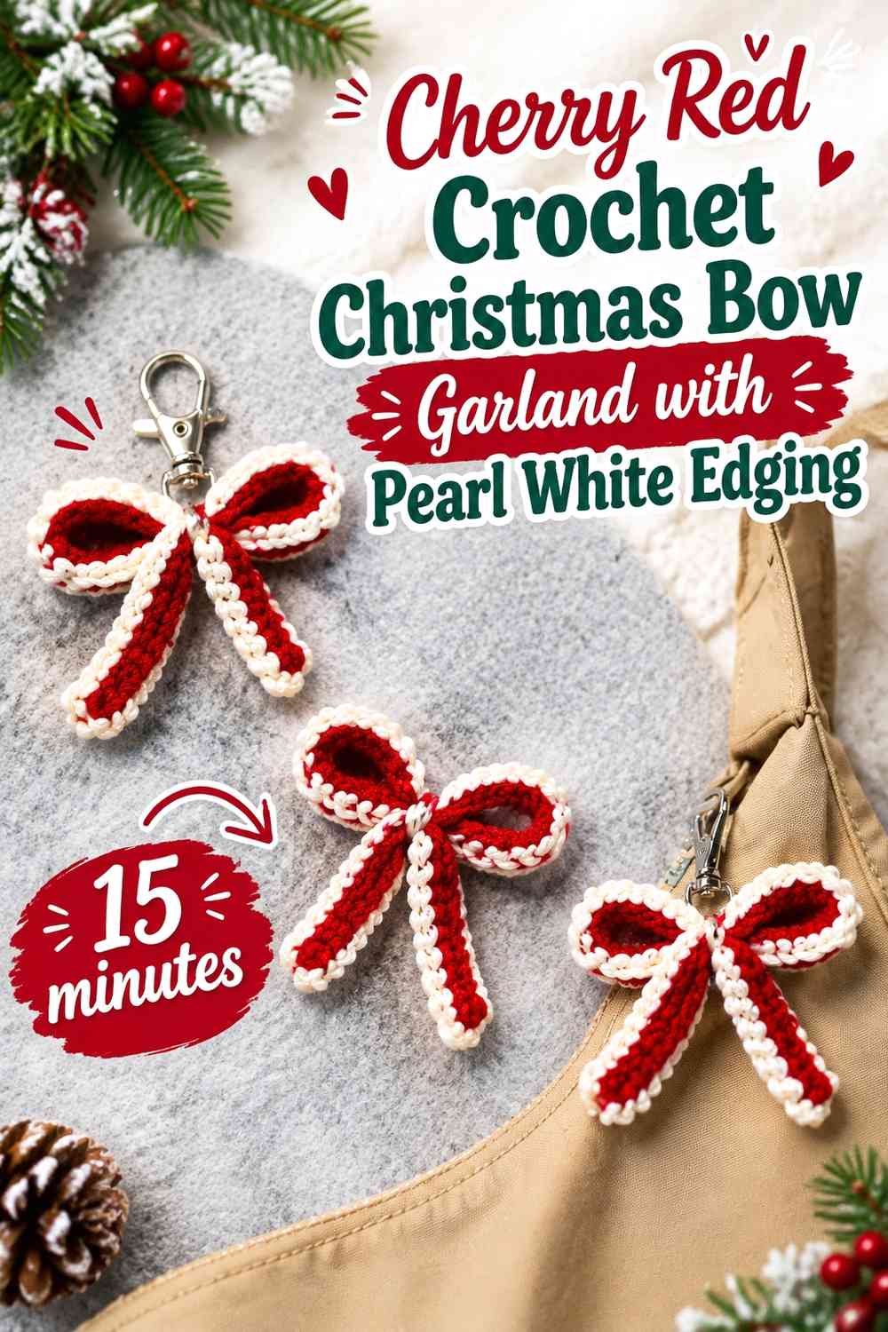 Cherry Red Crochet Christmas Bow Garland with Pearl White Edging