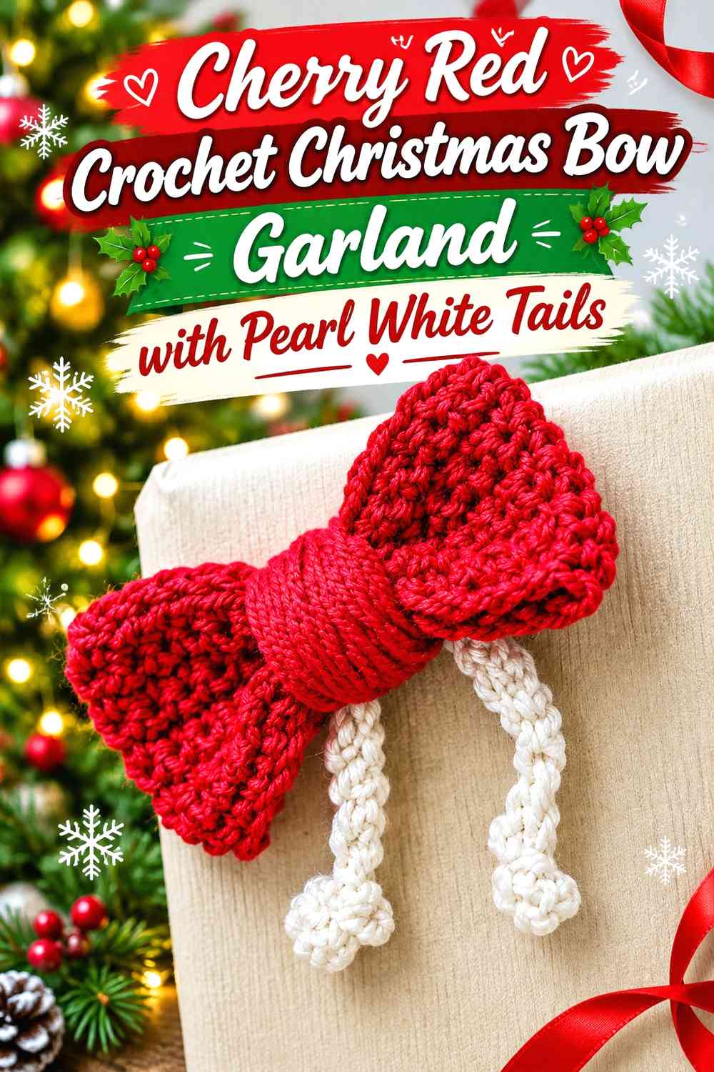 Cherry Red Crochet Christmas Bow Garland with Pearl White Tails