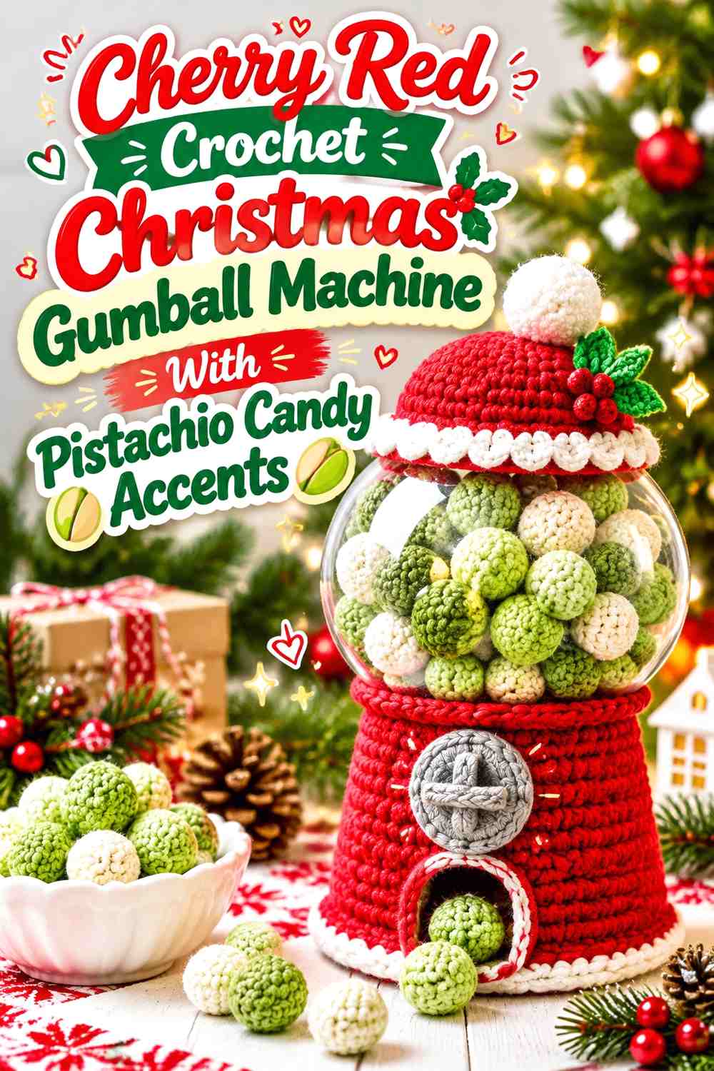 Cherry Red Crochet Christmas Gumball Machine With Pistachio Candy Accents