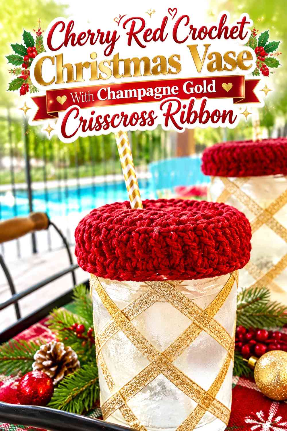 Cherry Red Crochet Christmas Vase With Champagne Gold Crisscross Ribbon