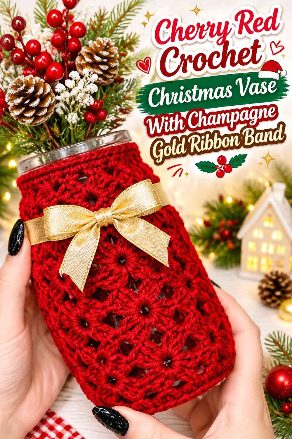 Cherry Red Crochet Christmas Vase With Champagne Gold Ribbon Band