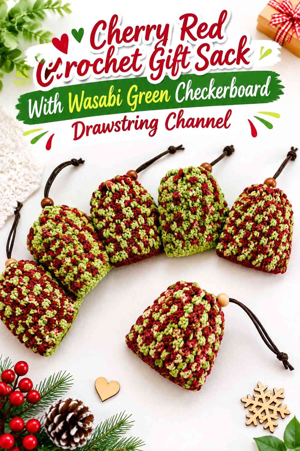 Cherry Red Crochet Gift Sack With Wasabi Green Checkerboard Drawstring Channel
