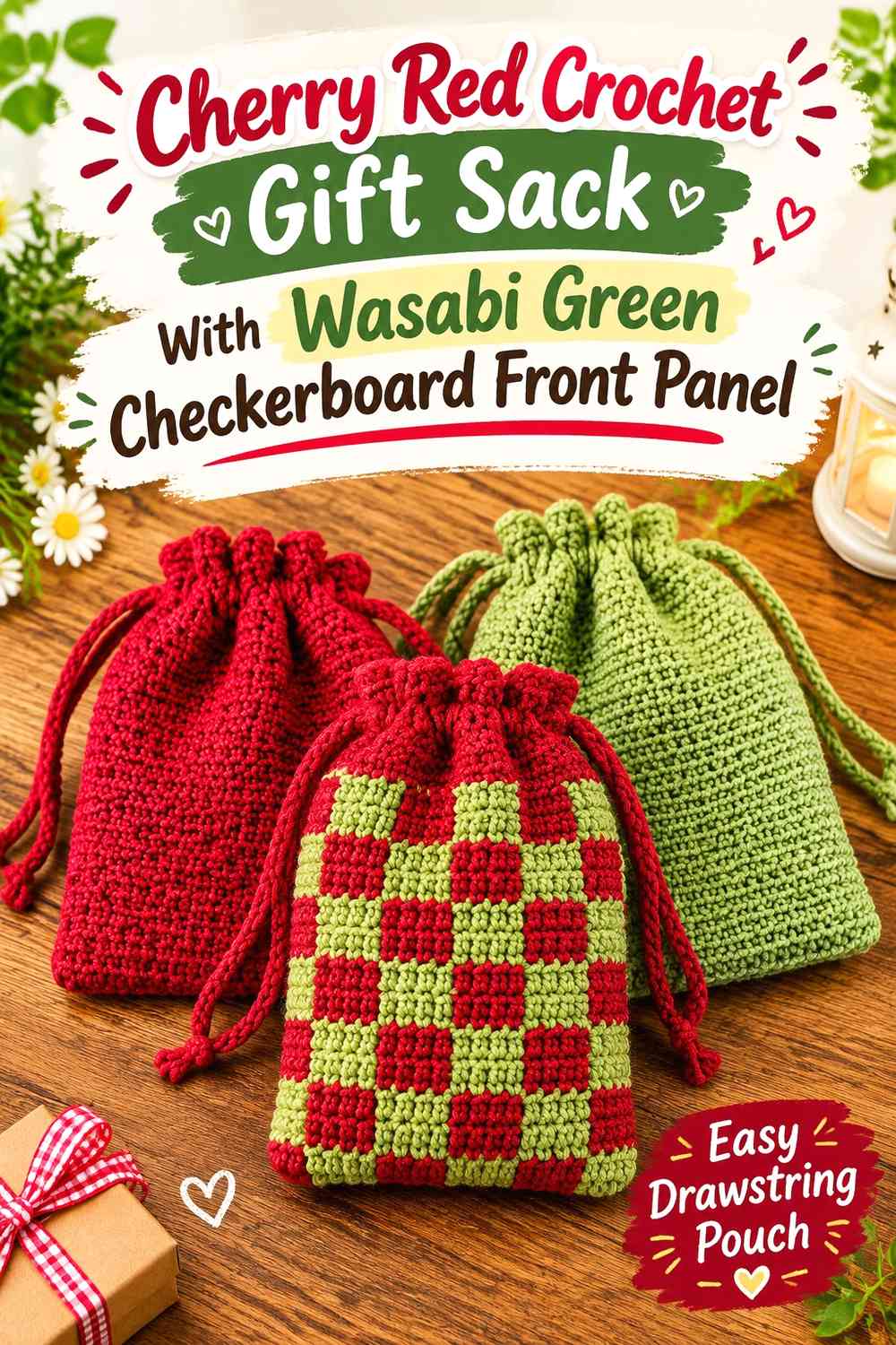 Cherry Red Crochet Gift Sack With Wasabi Green Checkerboard Front Panel