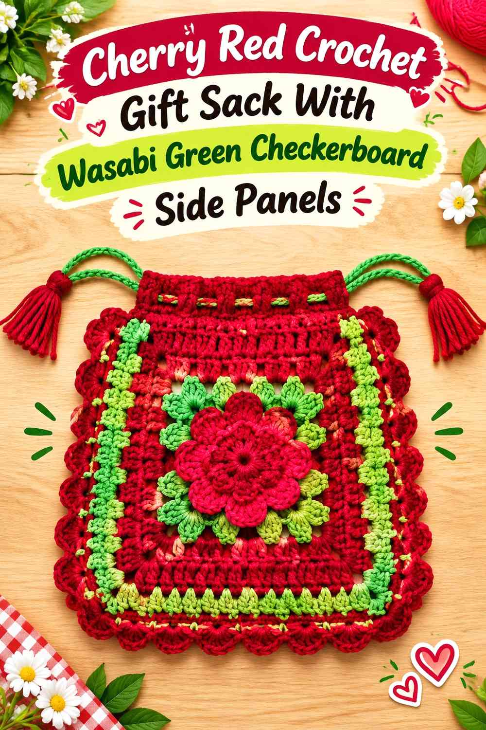 Cherry Red Crochet Gift Sack With Wasabi Green Checkerboard Side Panels