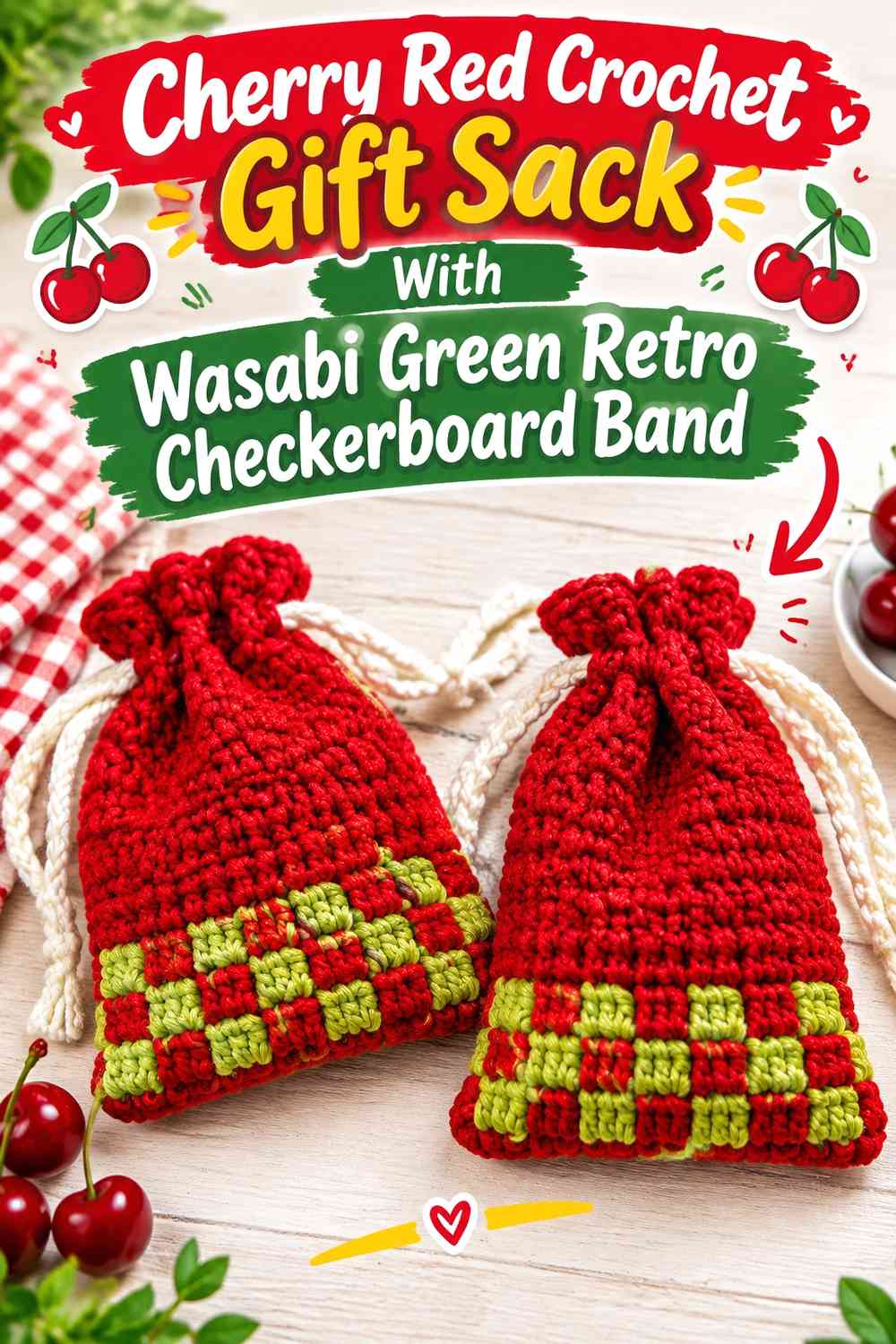 Cherry Red Crochet Gift Sack With Wasabi Green Retro Checkerboard Band