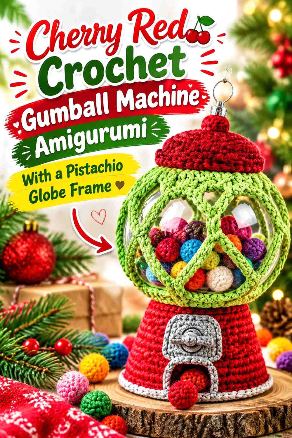Cherry Red Crochet Gumball Machine Amigurumi With a Pistachio Globe Frame