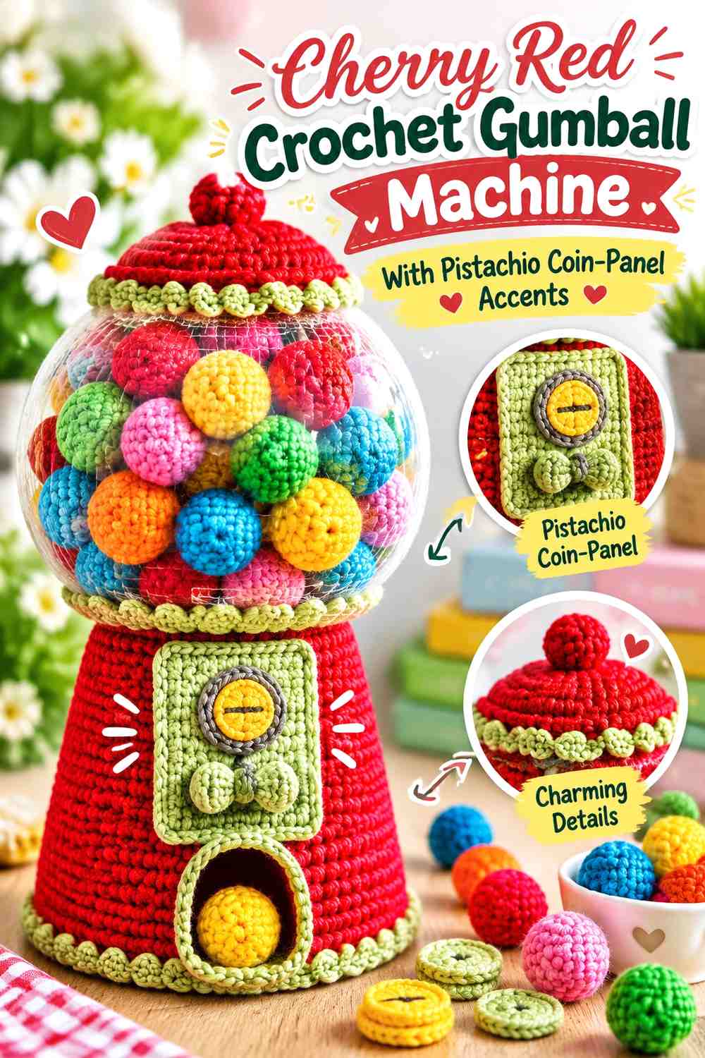 Cherry Red Crochet Gumball Machine With Pistachio Coin-Panel Accents
