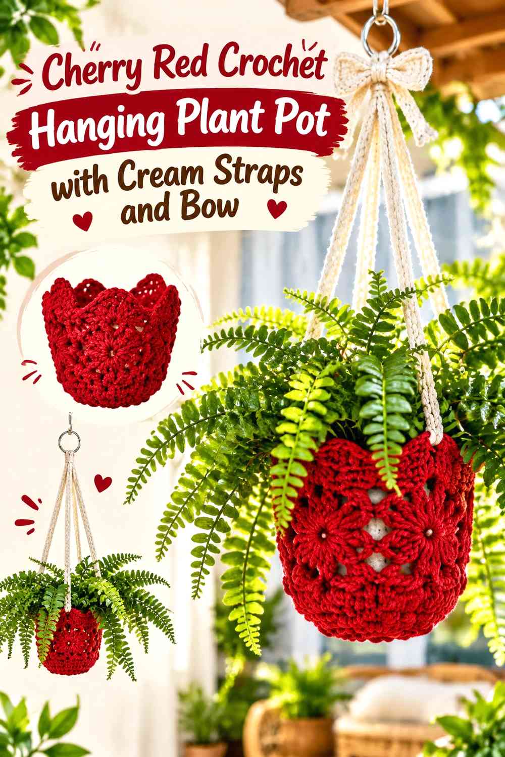 Cherry Red Crochet Hanging Plant Pot with Cream Straps and Bow