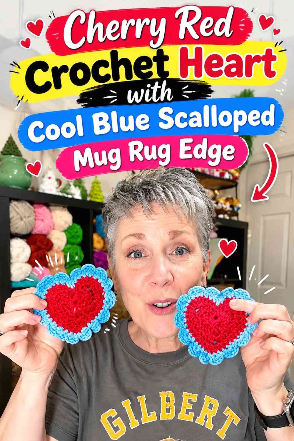 Cherry Red Crochet Heart with Cool Blue Scalloped Mug Rug Edge