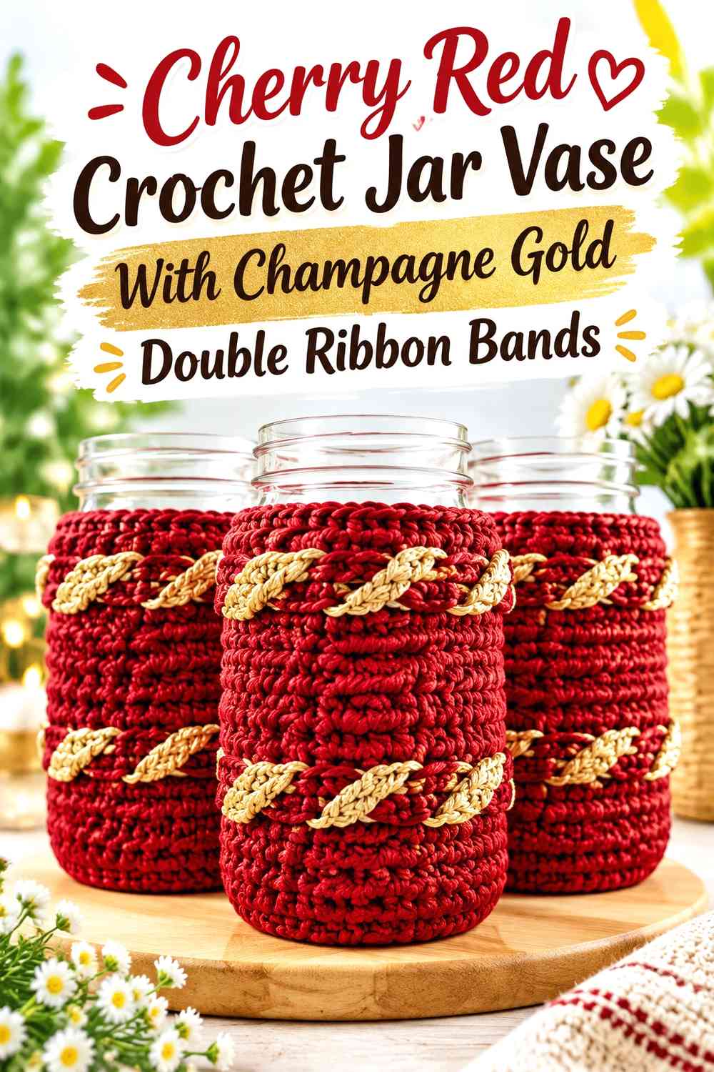 Cherry Red Crochet Jar Vase With Champagne Gold Double Ribbon Bands